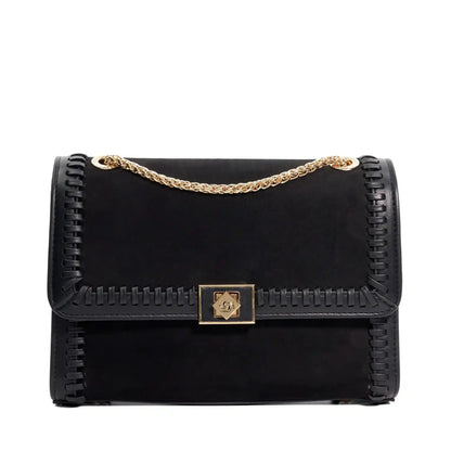 Black crossbody shoulder bag with gold chain strap and front logo lock.