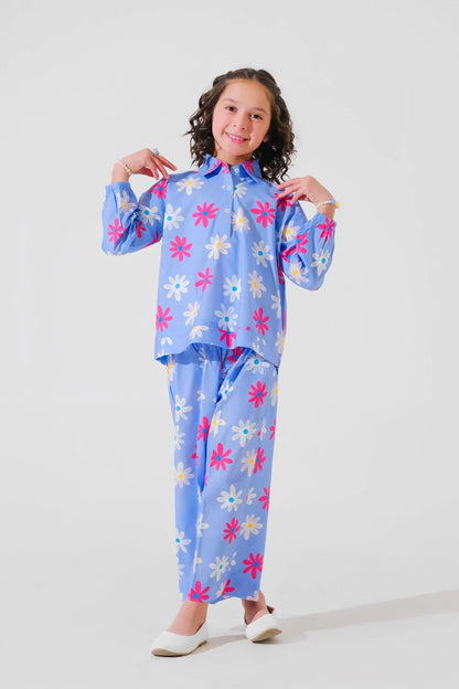 Kids blue floral pajama set with button front jacket and matching pants