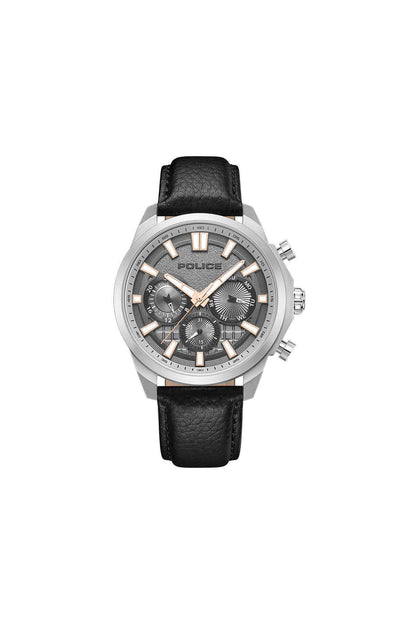 Silver-tone Police watch with black leather strap and round black dial, chronograph subdials