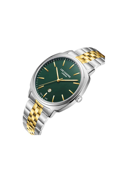 Two-tone wristwatch with green face, gold hands and markers, silver and gold link band