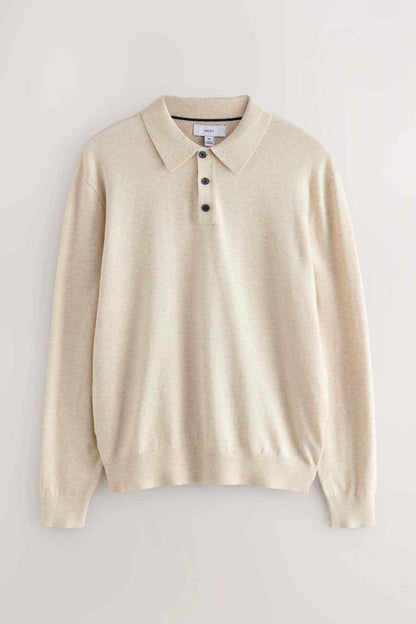 Light beige men's knit polo sweater with long sleeves, button placket, and ribbed cuffs