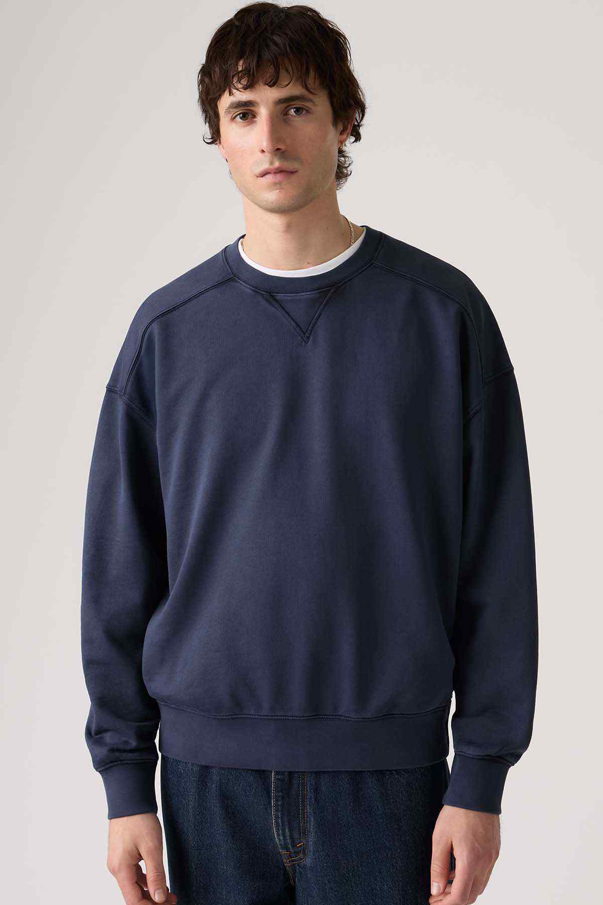 Levi's blue crewneck sweatshirt with V-stitch detail at neckline