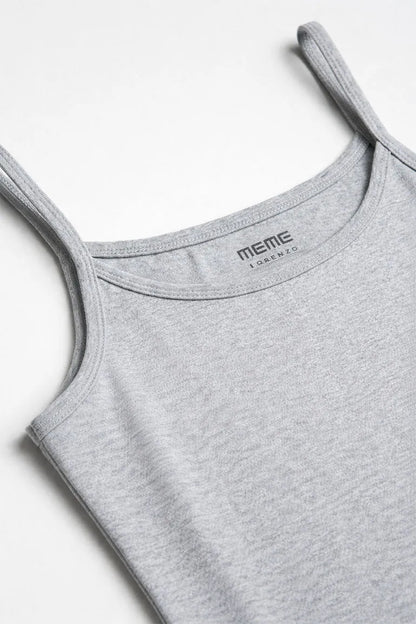 Grey spaghetti-strap tank top neckline close-up with logo