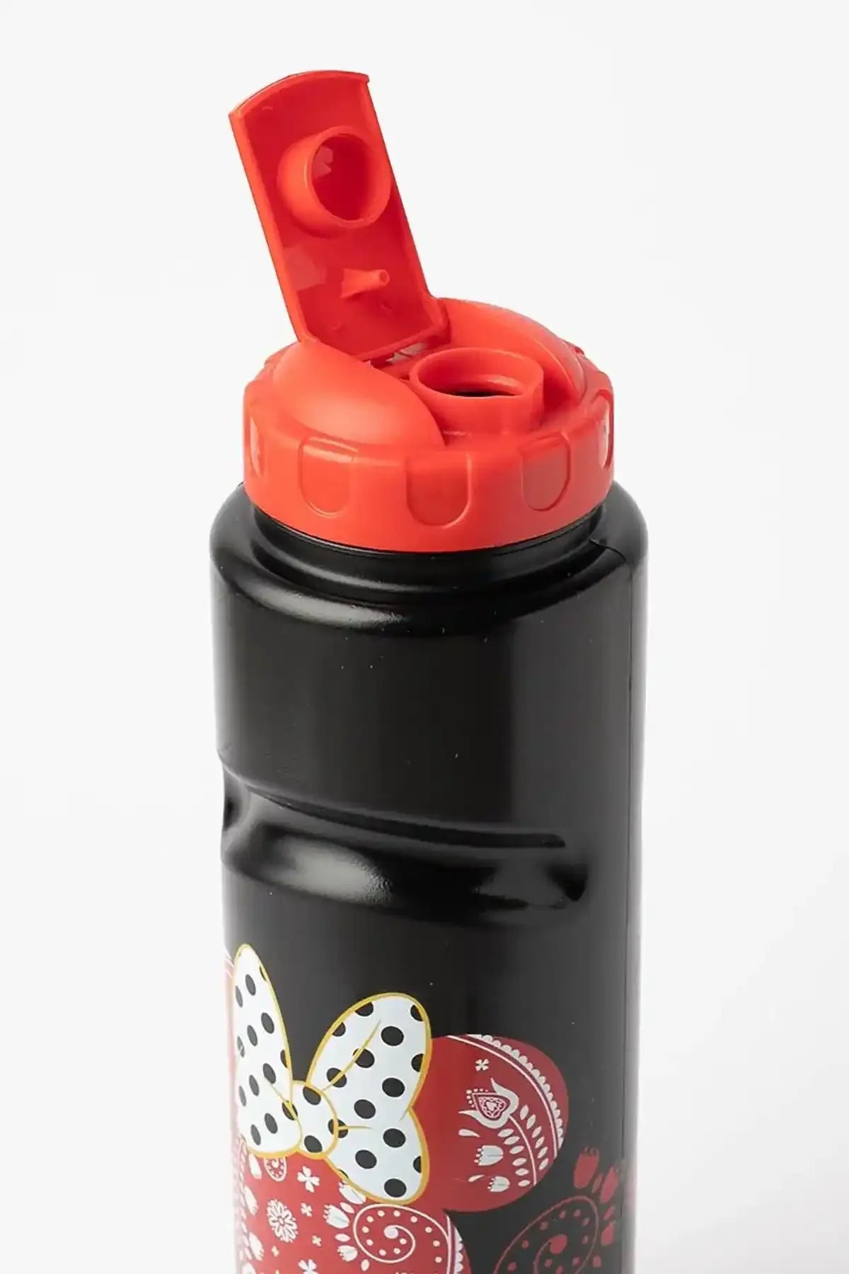 Black water bottle with DISNEY graphic and red flip-open lid