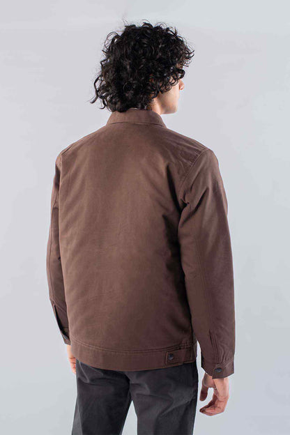 Men's chocolate brown jacket back view with stand collar and zip front