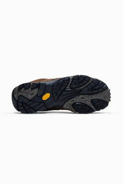 Merrell hiking shoes outsole view with deep tread and yellow traction accents