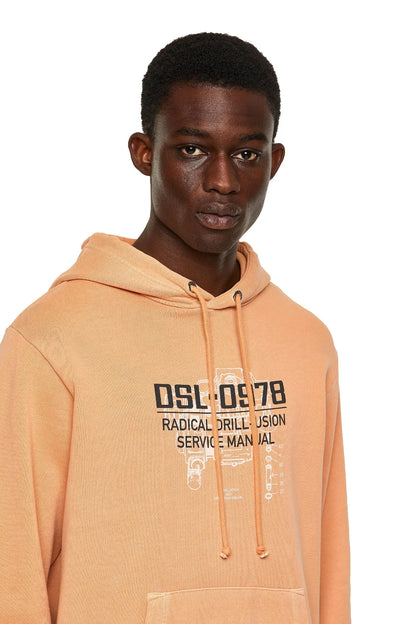 Orange pullover hoodie with drawstring hood and front graphic print