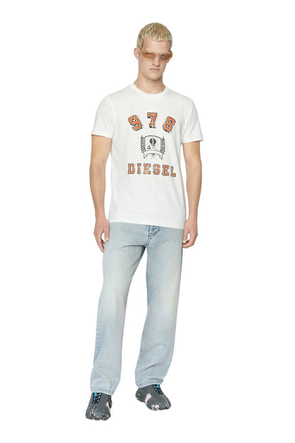 White crewneck T-shirt with '1978' graphic crest print, short sleeves