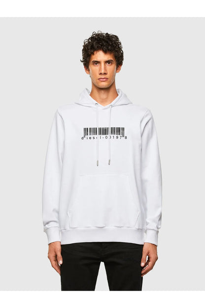 Diesel white hoodie with barcode graphic and drawstring hood