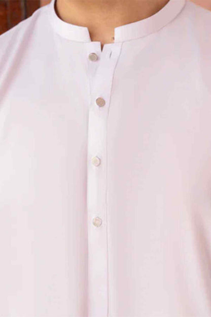 Men's white kurta stand collar with round buttons, chest close-up