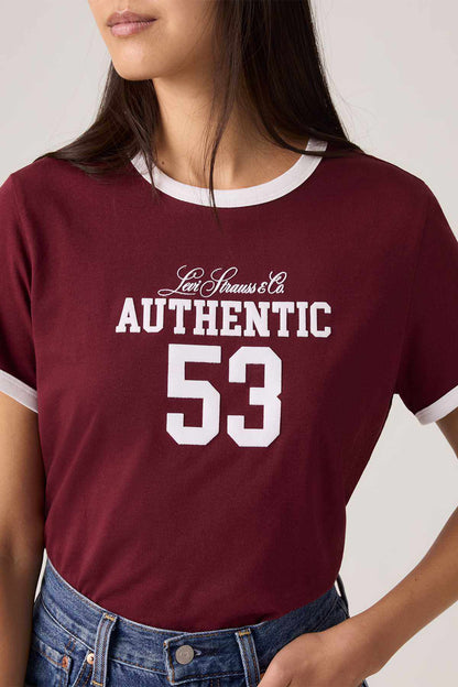 Burgundy ringer T-shirt close-up with 'Authentic 53' logo print