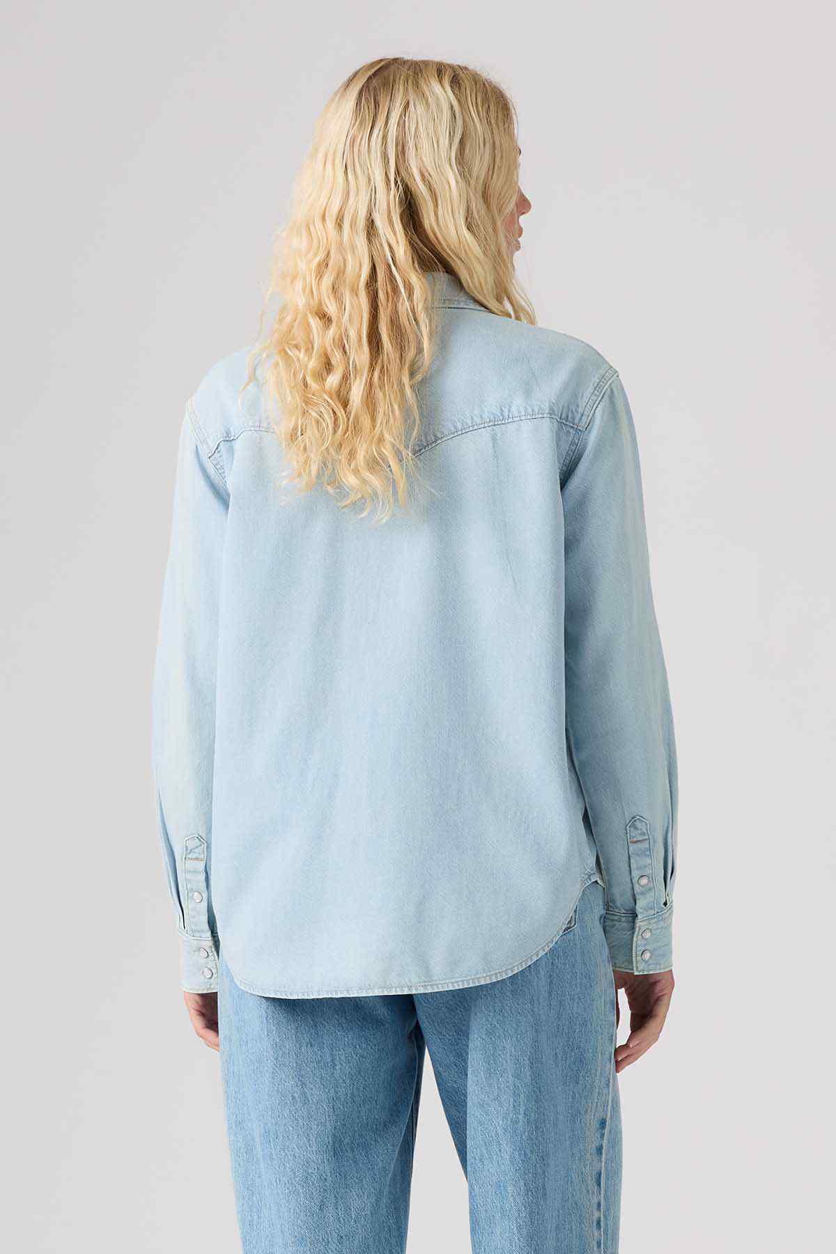 Sky blue denim button-up shirt, back view, long sleeves
