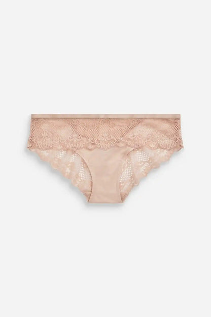 Light pink lace lingerie briefs laid flat with scalloped edges