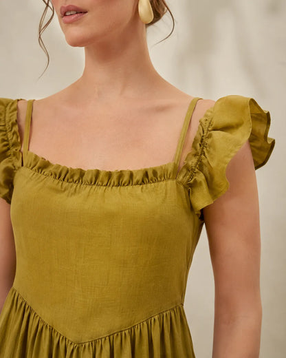 Mustard square-neck dress with ruffled puff sleeves and gathered bodice
