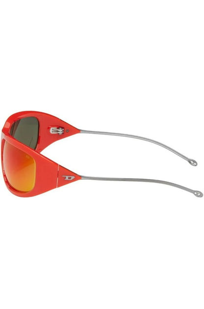 Red wrap sunglasses with orange lenses and logo detail on bridge