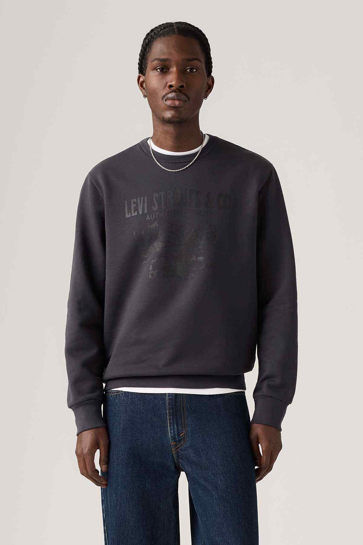 Levi's dark crewneck sweatshirt with white ribbed collar and chest logo print