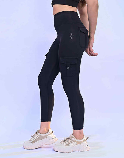 Black high-waisted leggings with flap cargo pocket on the thigh.