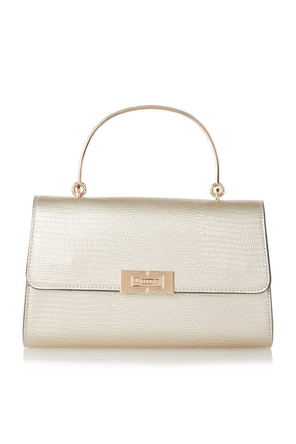 Cream textured top-handle handbag with gold clasp and front flap