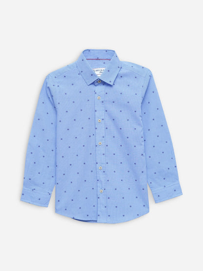 Blue cotton button-up shirt with small allover print, long sleeves