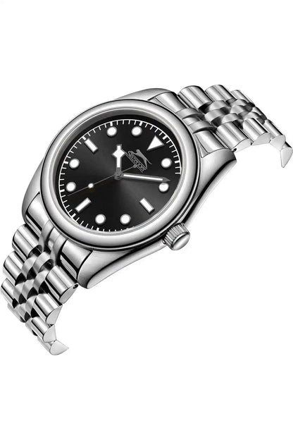 Silver SLAZENGER wristwatch angled view with black dial, baton markers, and crown