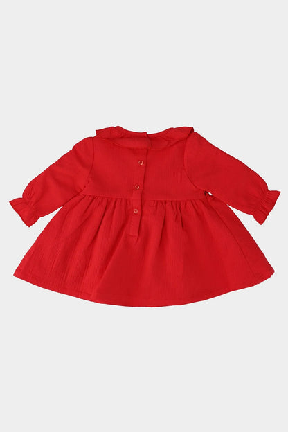 Red baby long-sleeve dress with button placket and puffed sleeves