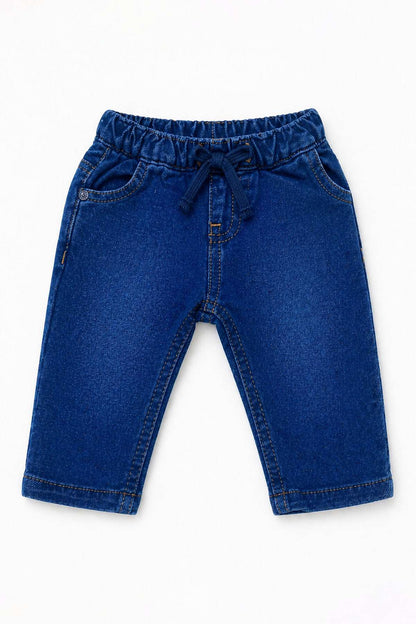 Blue denim baby pants with elastic waistband, drawstring bow, and cuffed hems
