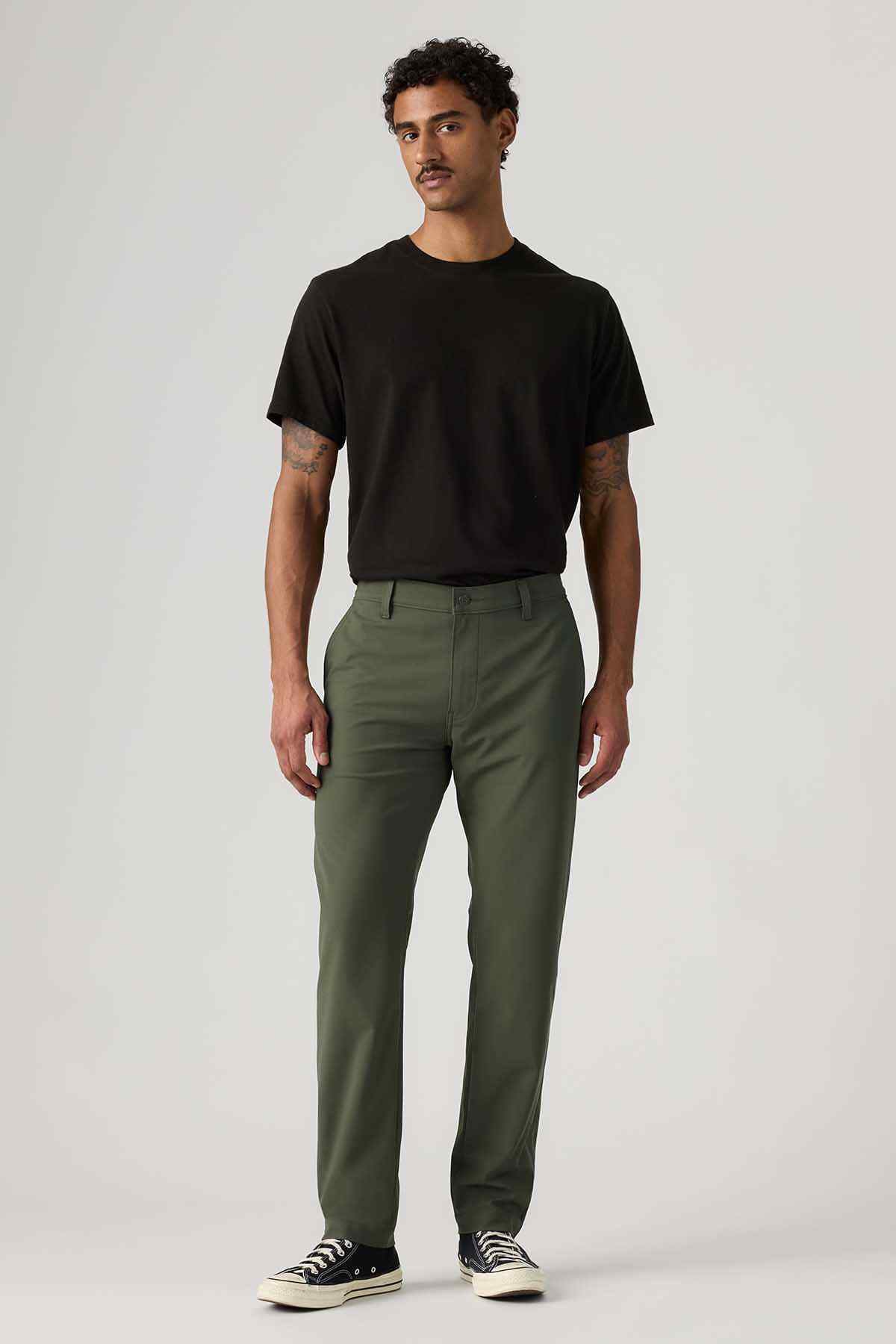 Levi's men's olive green straight-leg pants, front view, five-pocket design