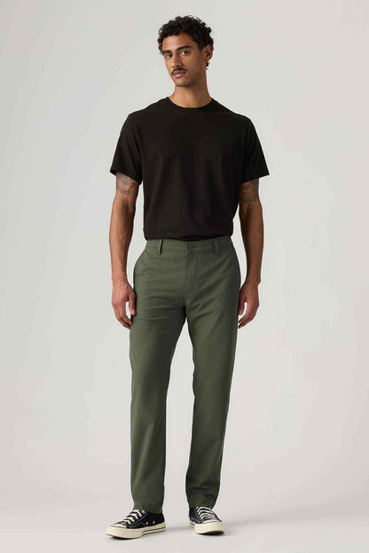 Levi's men's olive green straight-leg pants, front view, five-pocket design
