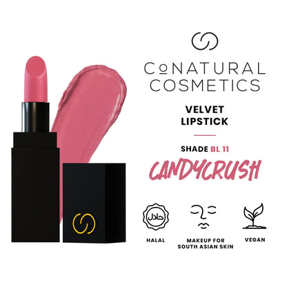Conatural velvet lipstick set with pink bullet, swatch, black case, and icons