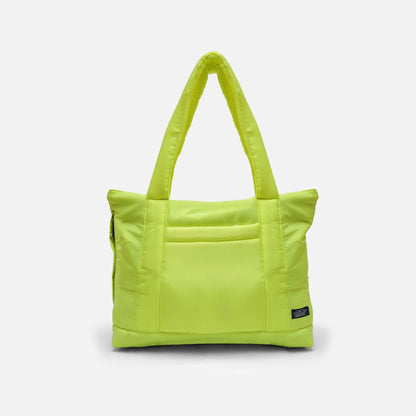 Lime green zip-top tote bag with front panel stitching and interior lined pockets