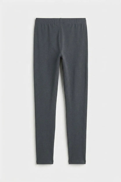 Slate gray straight-leg pants with elastic waistband, flat lay