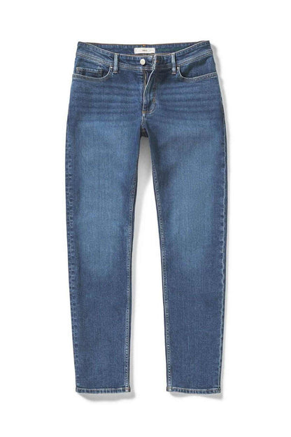 Blue wash straight-leg jeans with button fly and belt loops