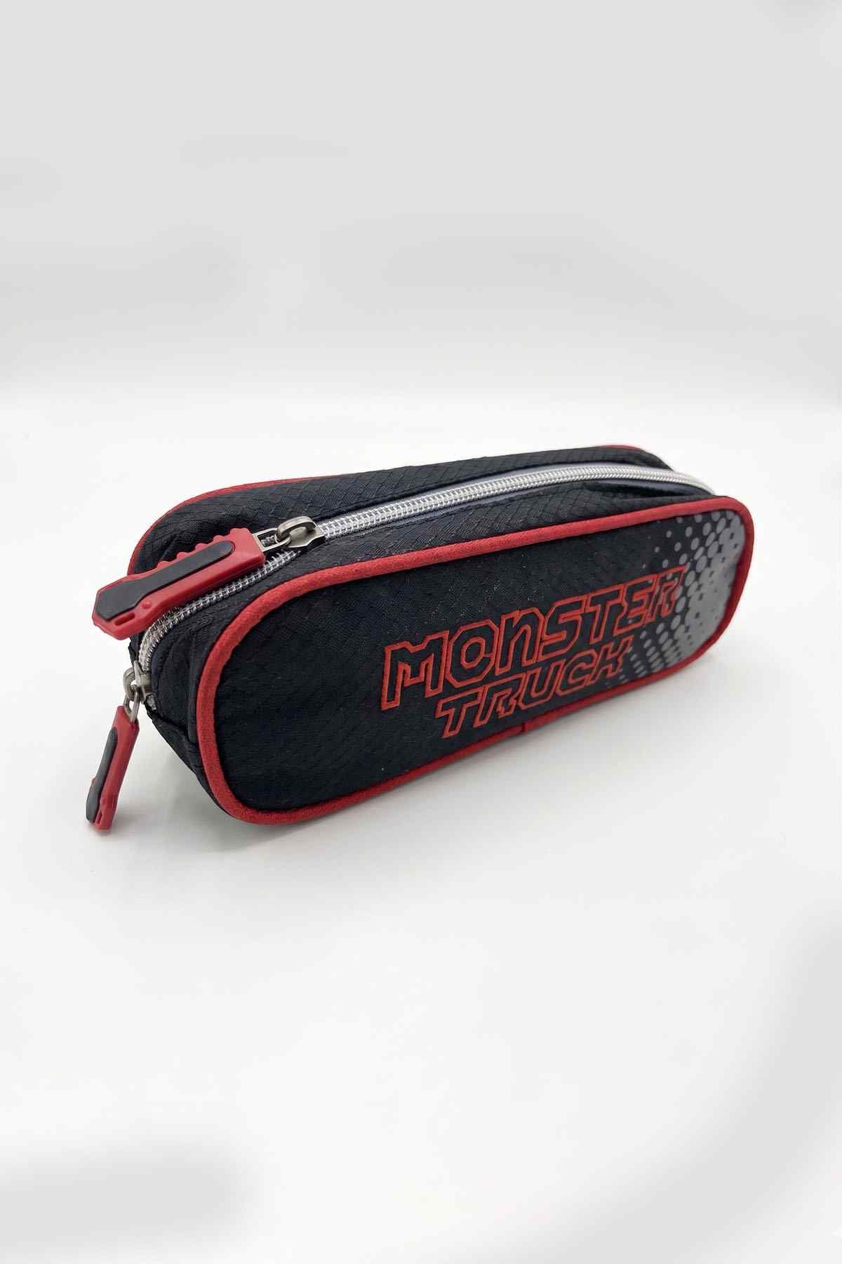 Monster Truck pencil case angled view with zip pull and red-trimmed logo panel