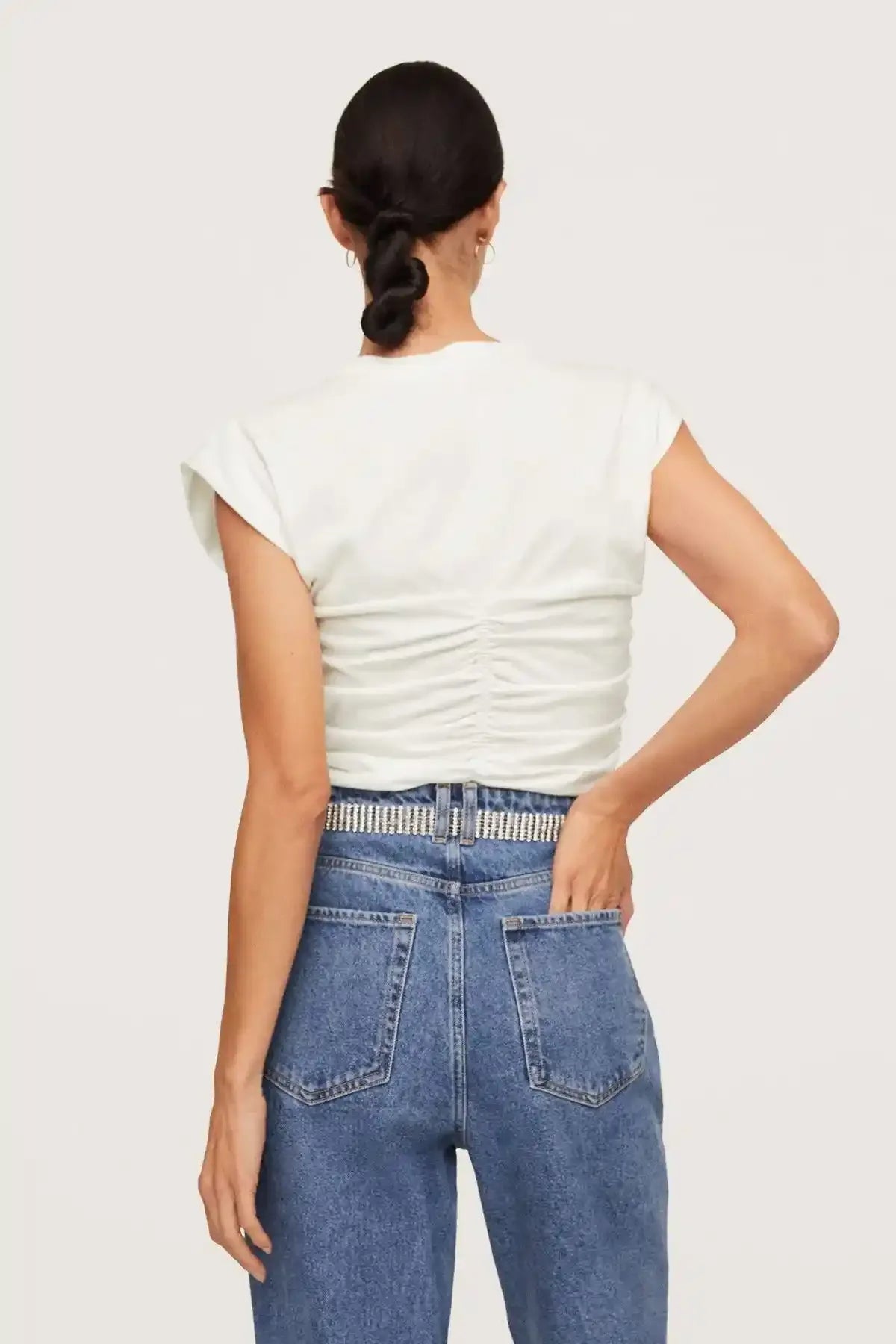 White sleeveless ruched crewneck top with back gathers