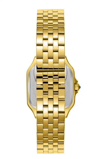 Gold-tone metal wristwatch with integrated bracelet and blue pin on the side