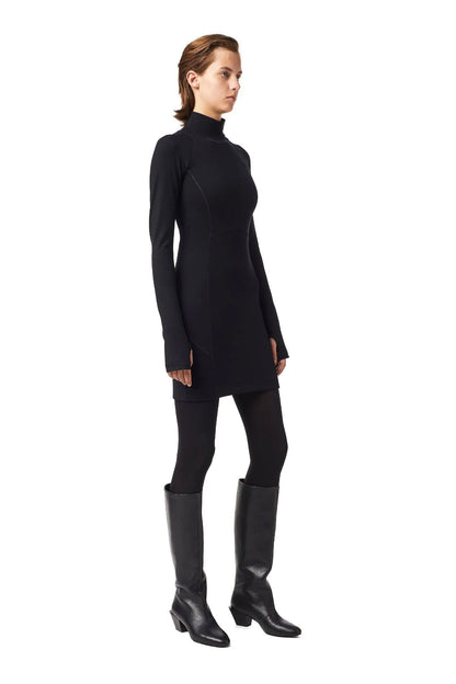 Black turtleneck mini dress, long sleeves, fitted silhouette from side view