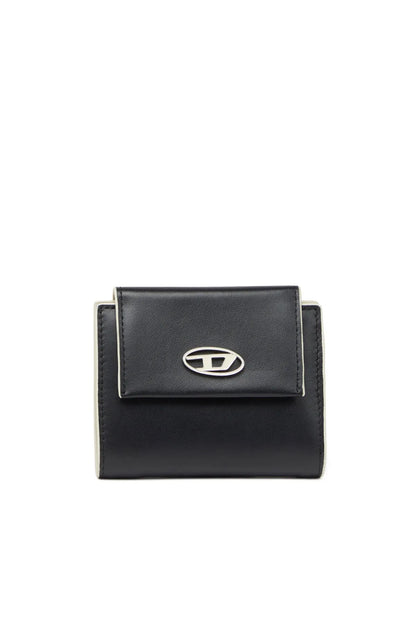 Black leather bifold wallet with Diesel logo, front flap with snap closure