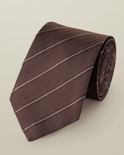 Brown woven necktie with diagonal stripe pattern and herringbone texture