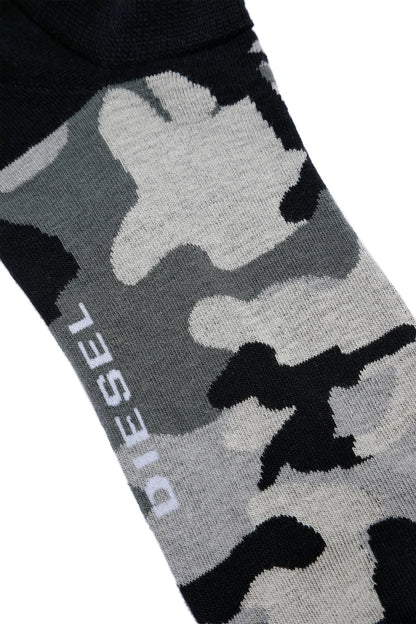 Camo crew sock with Diesel logo text, gray and black
