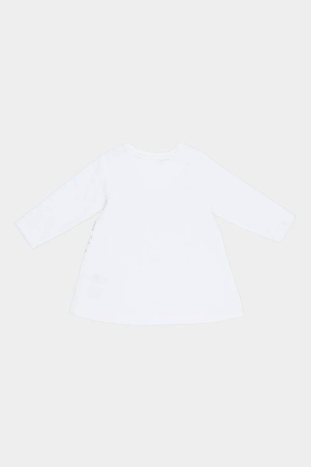White long-sleeve baby dress, front/back view with simple round neckline