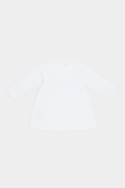 White long-sleeve baby dress, front/back view with simple round neckline