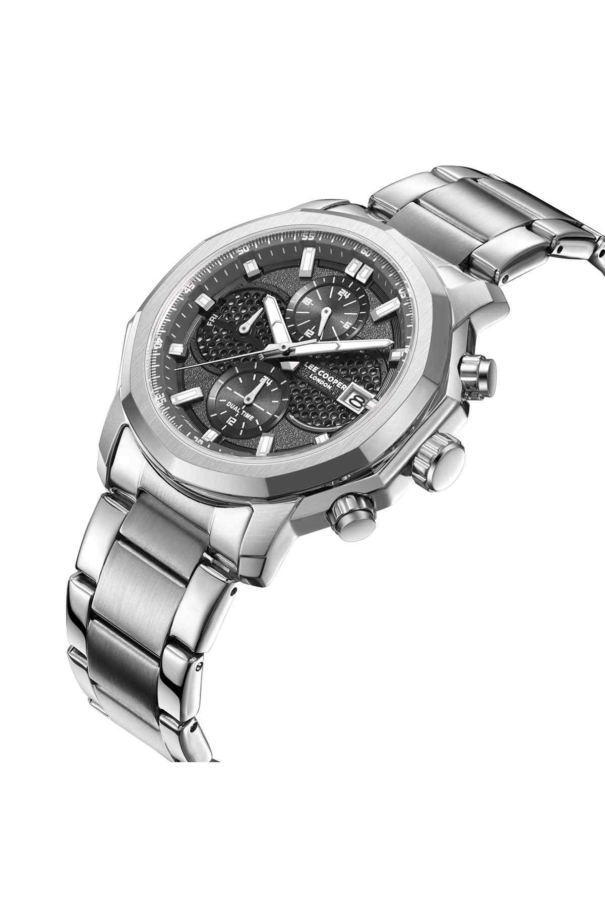 Silver Lee Cooper wristwatch angled view, black multi-dial chronograph face