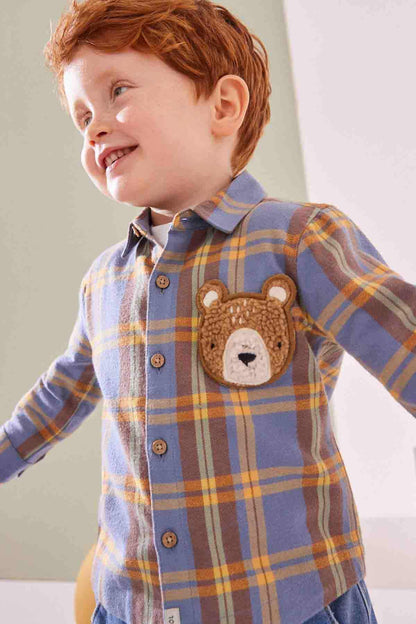 NEXT kids plaid shirt with bear face patch on chest, button front, blue-yellow plaid