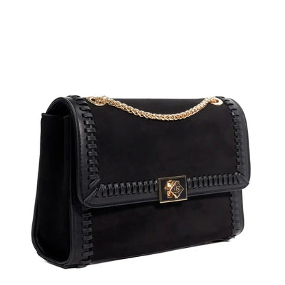 Black shoulder bag with gold chain strap, stitched panels, and square front clasp.