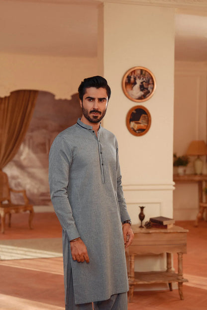 Men's blue-gray yarn-dyed kurta, stand collar, button placket, long sleeves