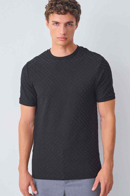 NEXT black crew-neck short-sleeve T-shirt with allover geometric texture pattern