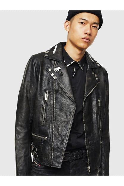 Diesel black leather biker jacket with zip pockets and studded lapel