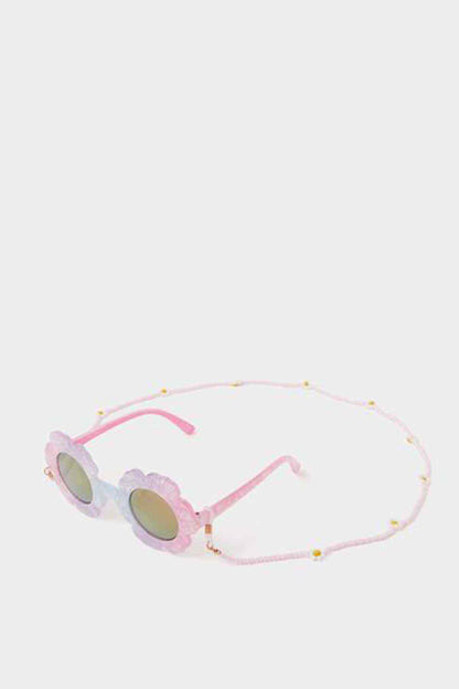 Pink novelty sunglasses with round lenses and beaded cord strap