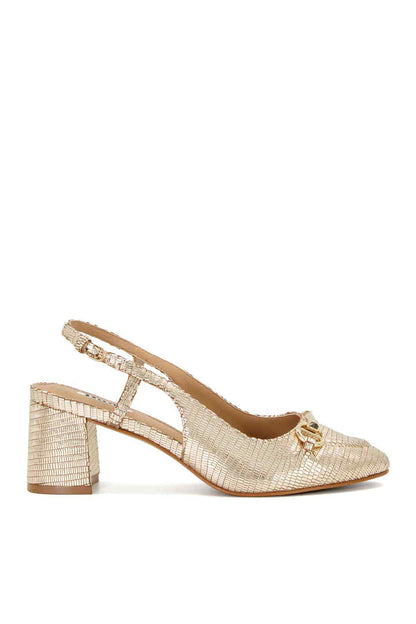Gold textured heeled court shoe with ankle strap and square block heel