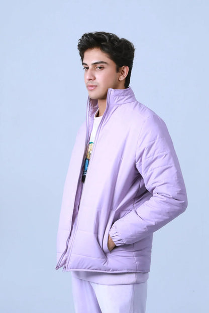 Lavender quilted jacket side view with front zipper and high stand collar